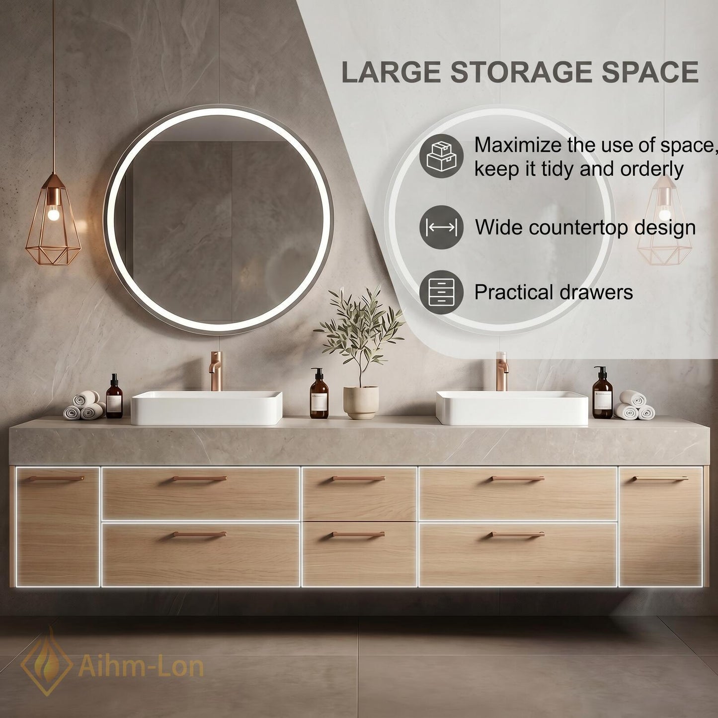 70''-96'' Double Bathroom Vanity with Sink Natural-Wood Modern Floating Drawer Storage