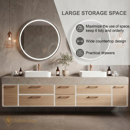 70''-96'' Double Bathroom Vanity with Sink Natural-Wood Modern Floating Drawer Storage