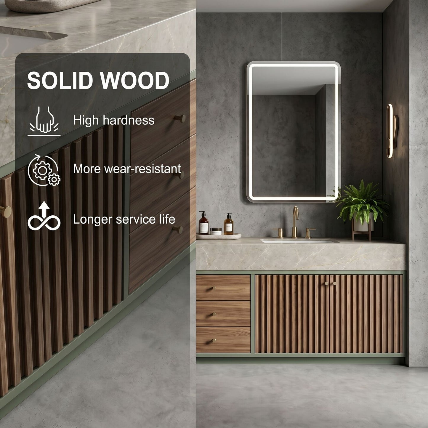 60''-96'' Modern Bathroom Vanity with Sink Double Basin Marble Top Vertical Slat Green