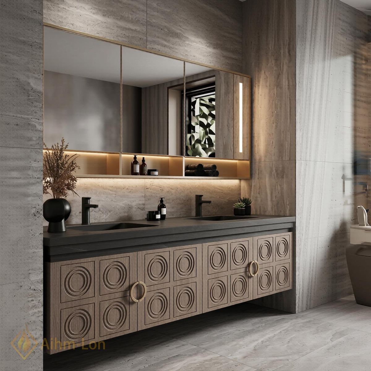 60''-96'' Double Bathroom Vanity with Sink Floating Geometric Relief Panels Shelf Storage