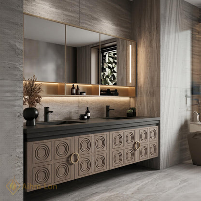60''-96'' Double Bathroom Vanity with Sink Floating Geometric Relief Panels Shelf Storage
