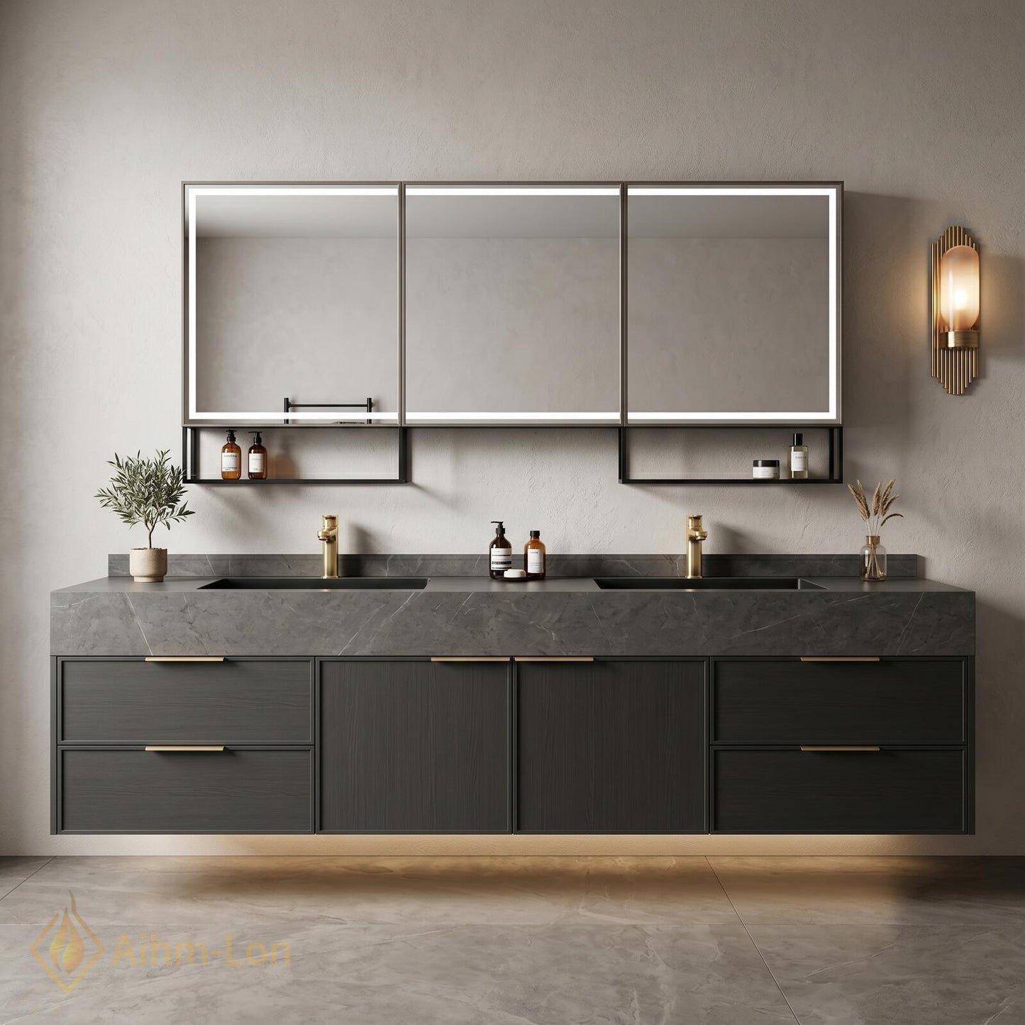60''-96'' Double Bathroom Vanity with Sink Floating Dark Stone Countertop Wood Grain