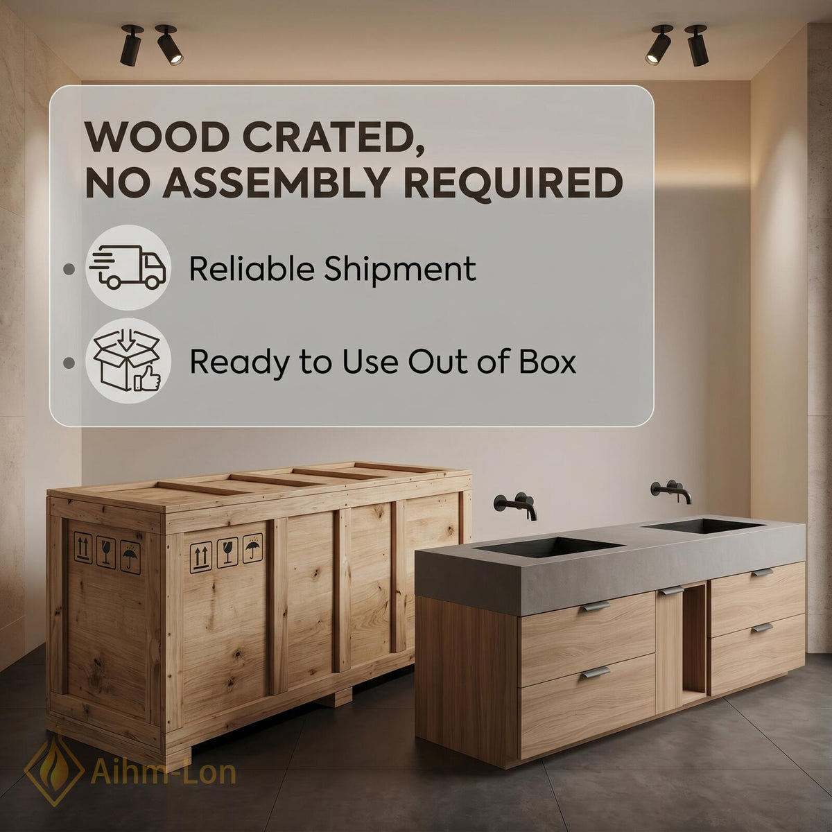 60''-96'' Double Bathroom Vanity with Sink Grey Stone Light Wood Drawers Storage