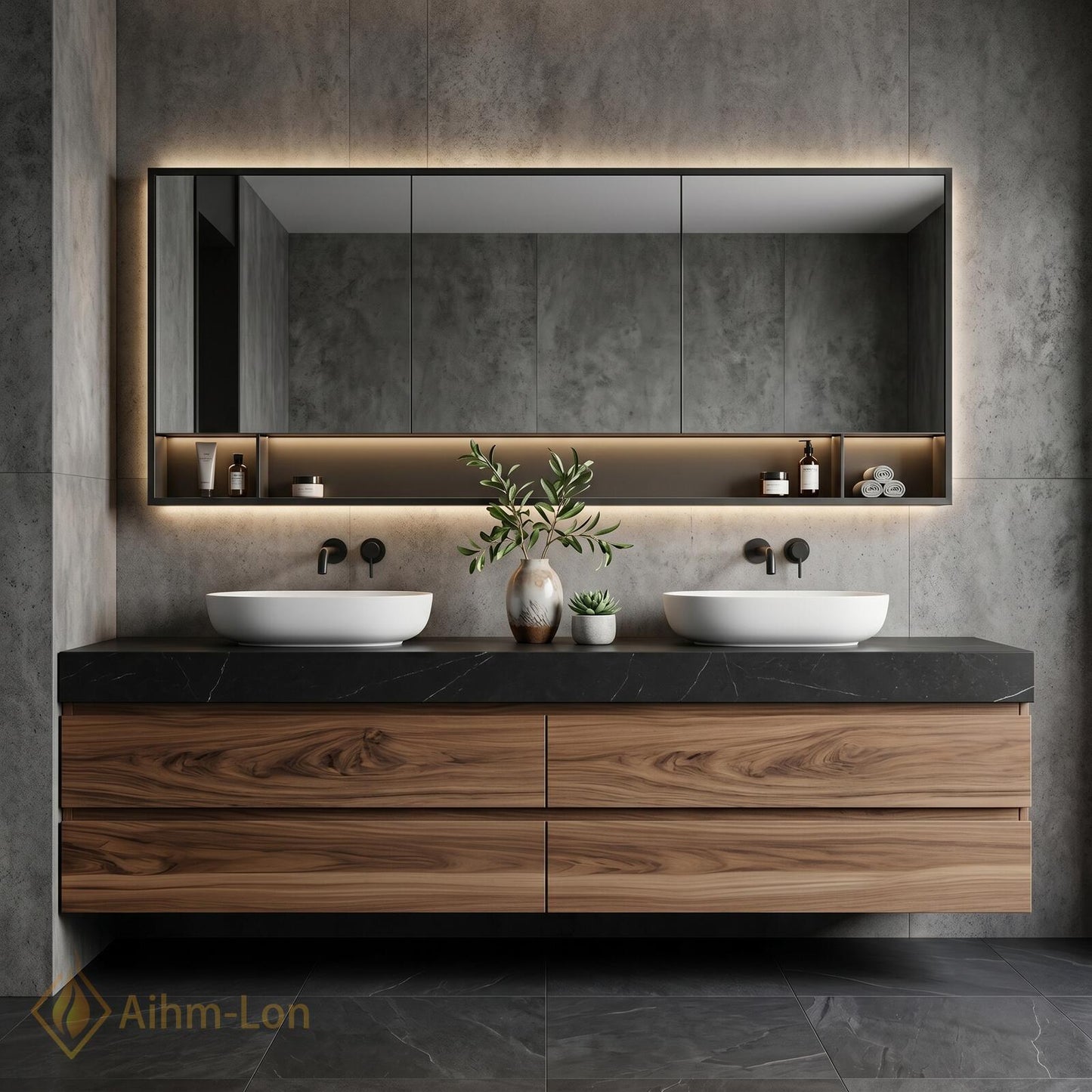 60''-96'' Double Bathroom Vanity with Sink Dark-Walnut Modern Floating Drawers Stone