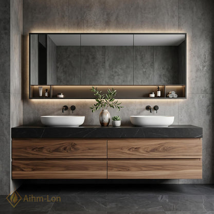 60''-96'' Double Bathroom Vanity with Sink Dark-Walnut Modern Floating Drawers Stone