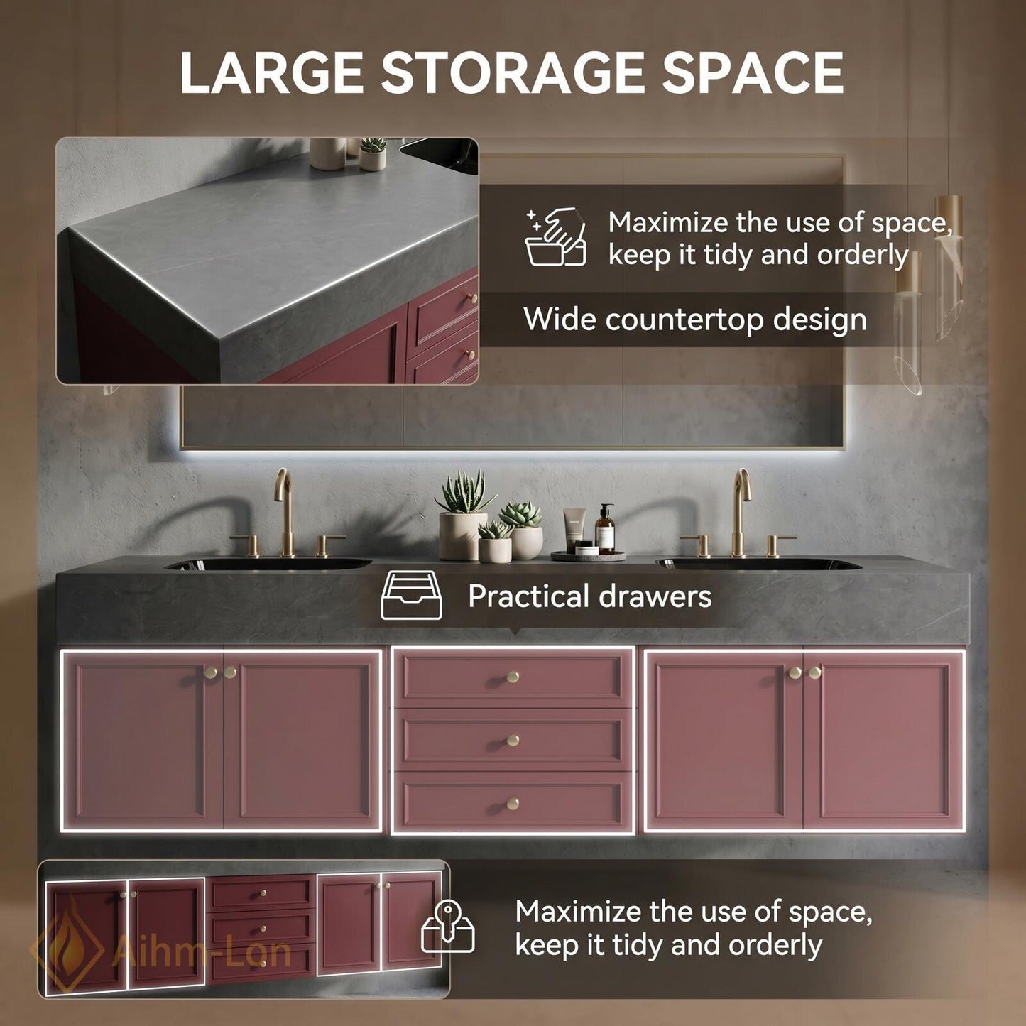 60''-96'' Modern Bathroom Vanity with Sink Floating Red Painted Undermount Drawers