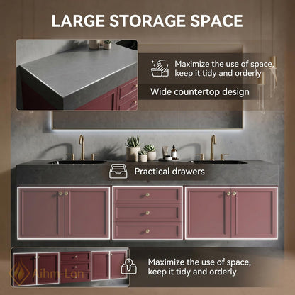 60''-96'' Modern Bathroom Vanity with Sink Floating Red Painted Undermount Drawers