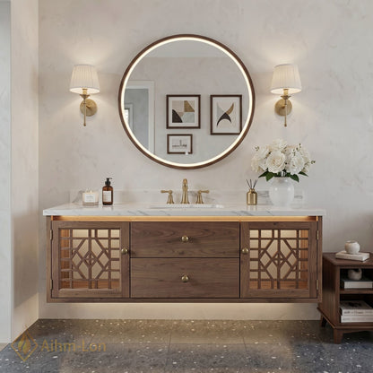48''-64'' Modern Bathroom Vanity with Sink Floating Lattice Glass Wood Grain Drawers