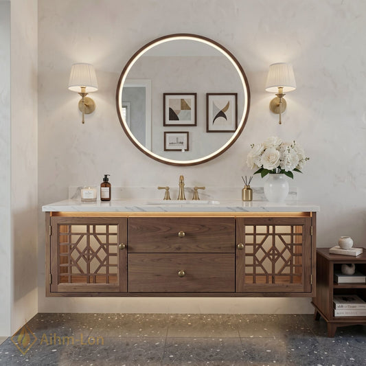 48''-64'' Modern Bathroom Vanity with Sink Floating Lattice Glass Wood Grain Drawers