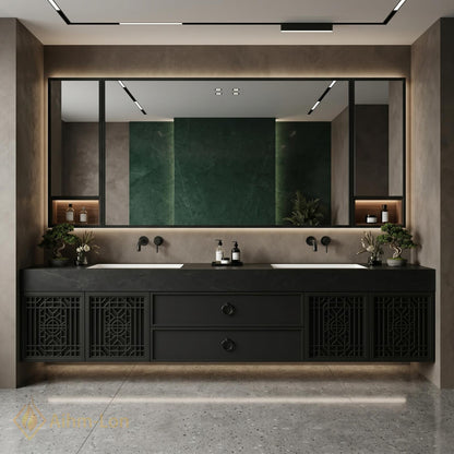 60''-96'' Double Bathroom Vanity with Sink Modern Floating Carved Lattice Doors Sleek