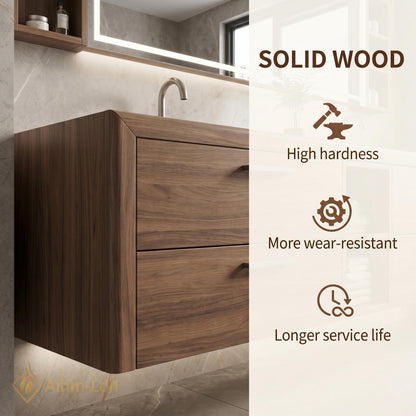 60''-96'' Double Bathroom Vanity with Sink Modern Grey Stone Top Walnut Drawers