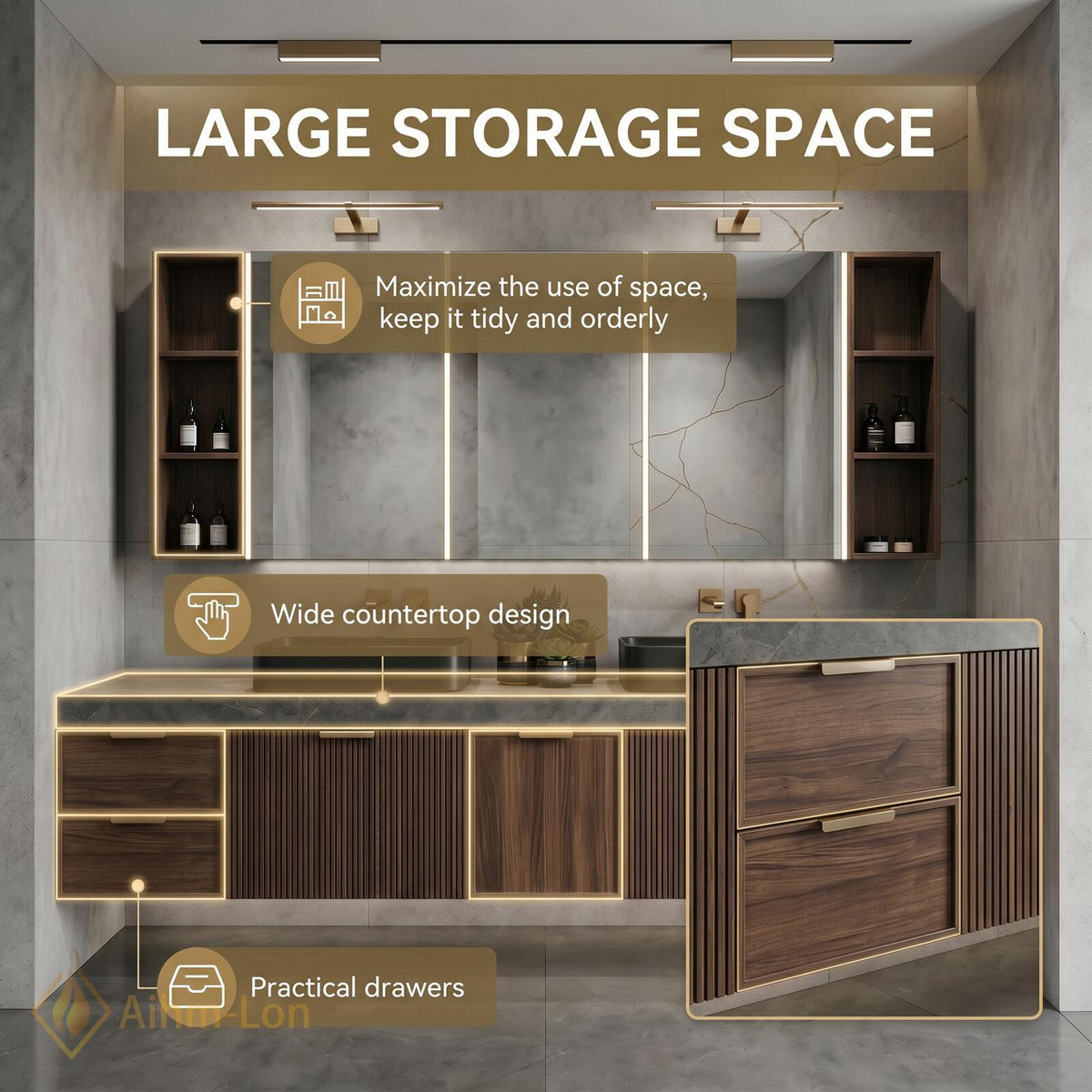 72''-96'' Bathroom Vanity with Sink Vertical Slatted Wood Grain Finish Floating Design