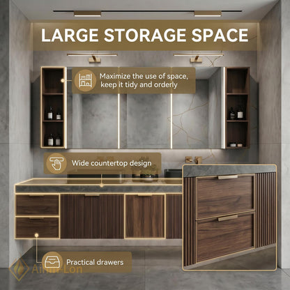 72''-96'' Bathroom Vanity with Sink Vertical Slatted Wood Grain Finish Floating Design