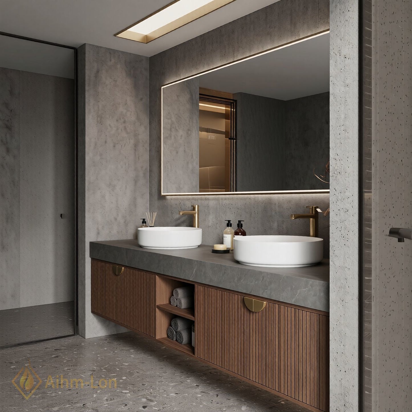 60''-96'' Double Bathroom Vanity with Sink Modern Solid-Wood Wood-Grain Slatted Open-Shelving Sleek