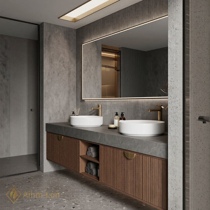 60''-96'' Double Bathroom Vanity with Sink Modern Solid-Wood Wood-Grain Slatted Open-Shelving Sleek