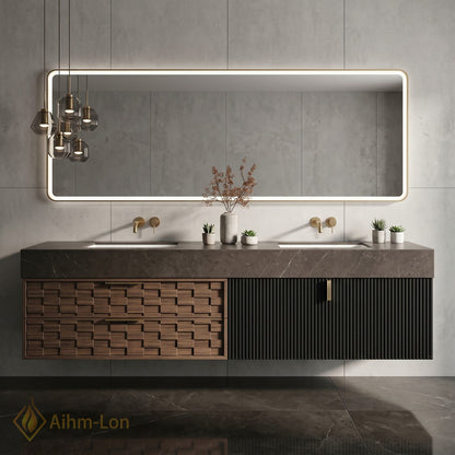 60''-96'' Double Bathroom Vanity with Sink Modern Geometric Drawers Dark Stone Veined