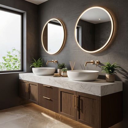 60''-96'' Modern Bathroom Vanity with Sink Double Sink Slatted Wood Marble Grain Round Mirrors