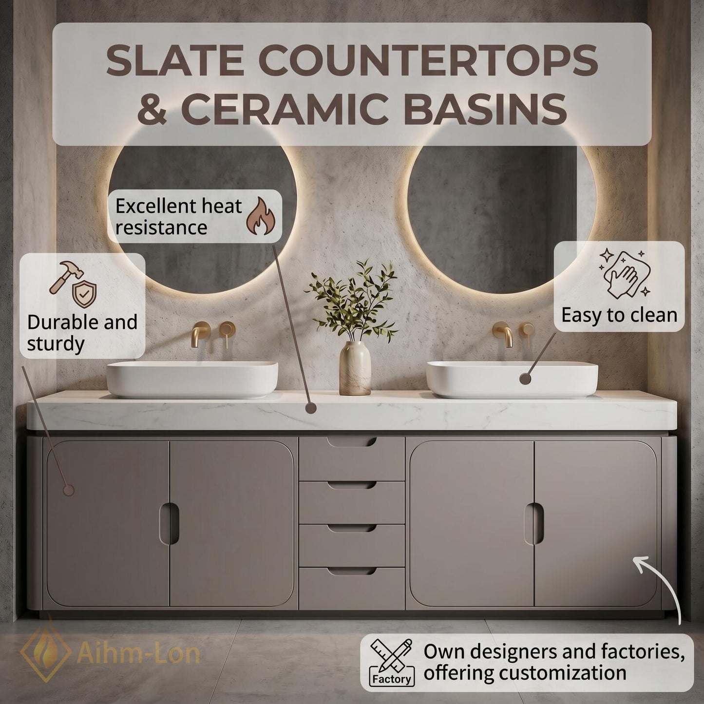 70''-96'' Double Bathroom Vanity with Sink Grey White Modern Floating Stone Countertop