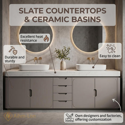70''-96'' Double Bathroom Vanity with Sink Grey White Modern Floating Stone Countertop