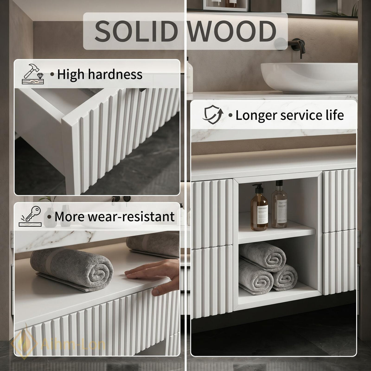 60''-96'' Double Bathroom Vanity with Sink Stone Texture Slats Open Bottom Shelf