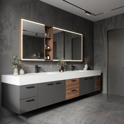 70''-96'' Modern Bathroom Vanity with Sink Dark Walnut Slatted Center Open Shelving