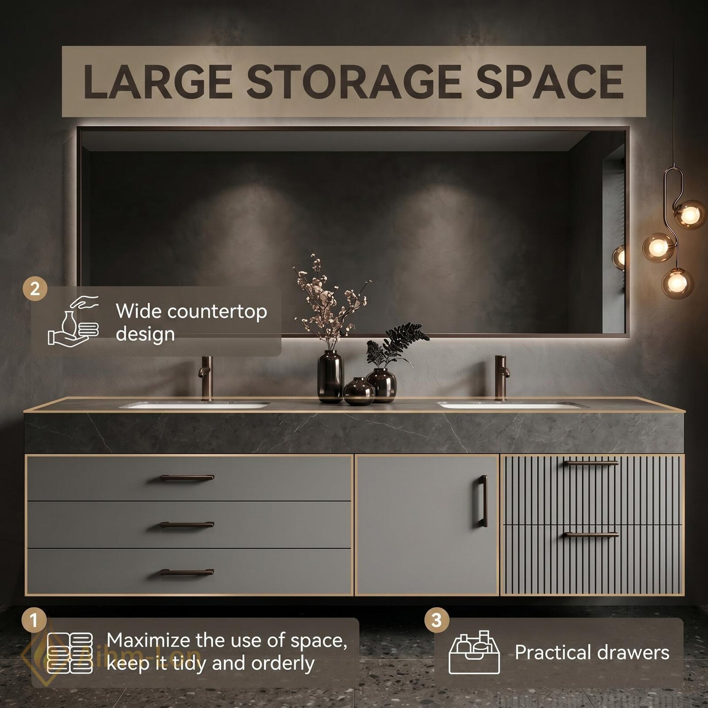 60''-96'' Double Bathroom Vanity with Sink Dark Modern Floating Stone Slatted-Panel
