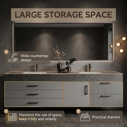 60''-96'' Double Bathroom Vanity with Sink Dark Modern Floating Stone Slatted-Panel
