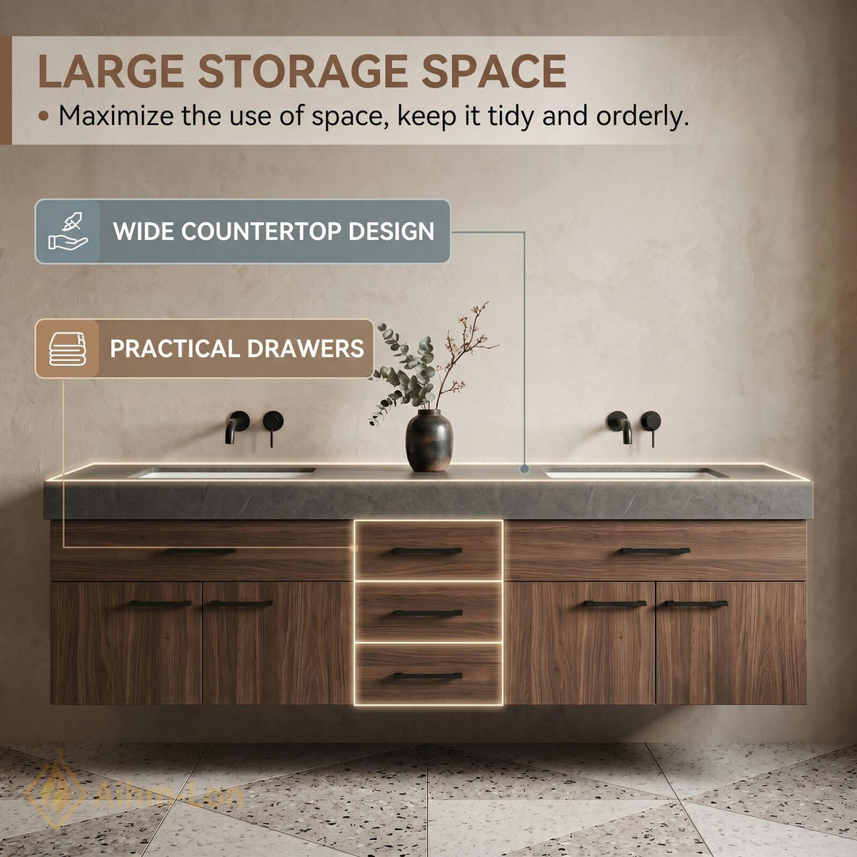 60''-96'' Double Bathroom Vanity with Sink Floating Dark Grey Marble Wood Panels
