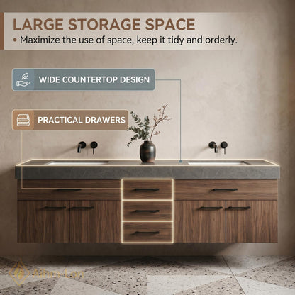 60''-96'' Double Bathroom Vanity with Sink Floating Dark Grey Marble Wood Panels