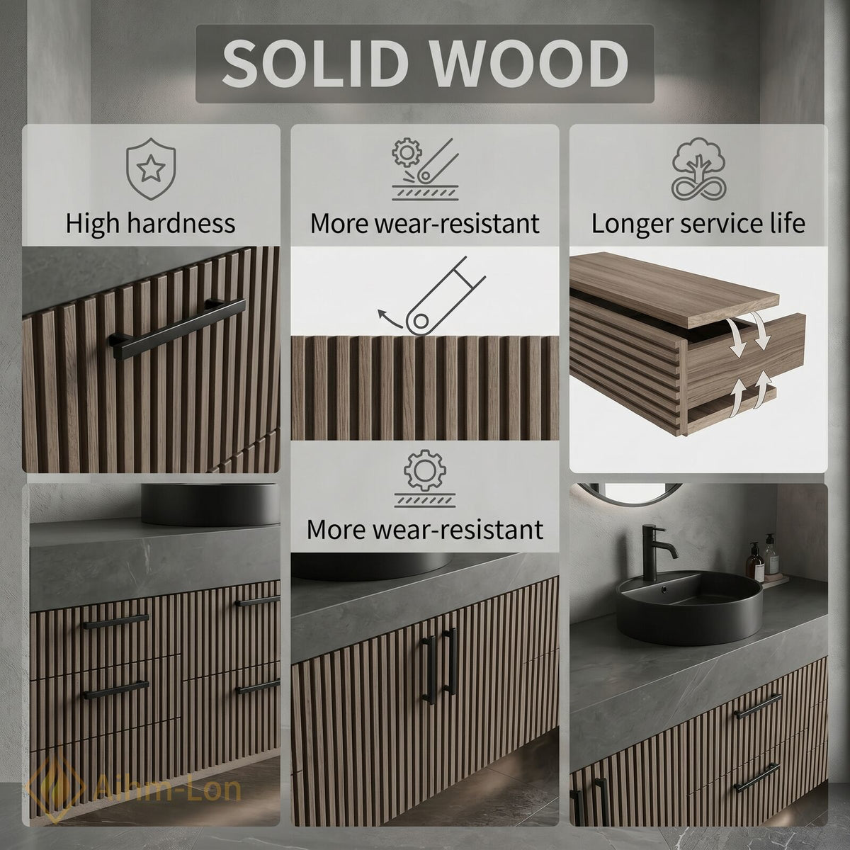 76''-96'' Double Bathroom Vanity with Sink Dark Walnut Slatted Panel Dual Sink