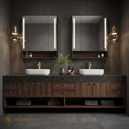 70''-96'' Bathroom Vanity with Sink Modern Floating Dark Walnut Open Center Shelving