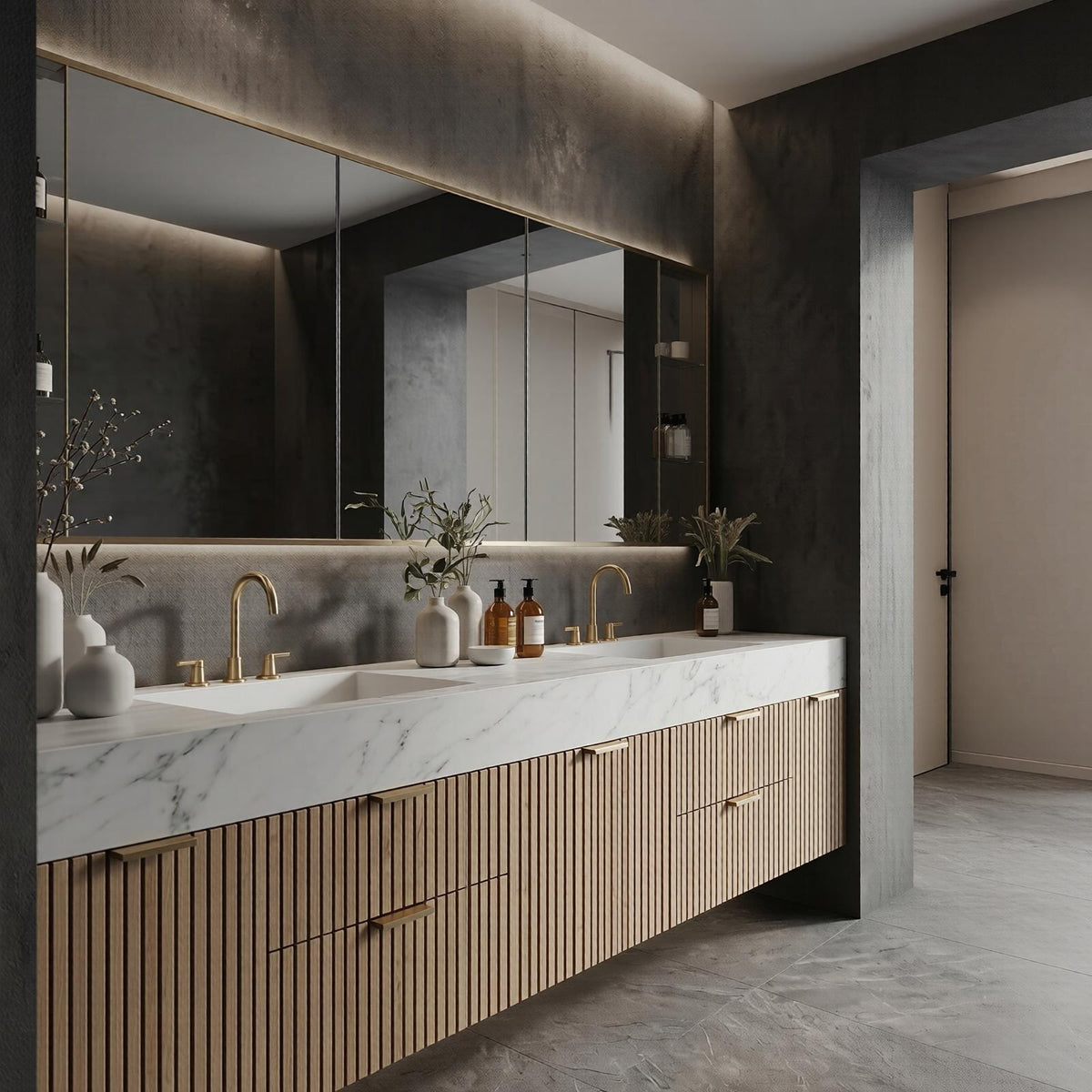 60''-96'' Double Bathroom Vanity with Sink Floating Warm Oak Slatted Finish Open Shelving