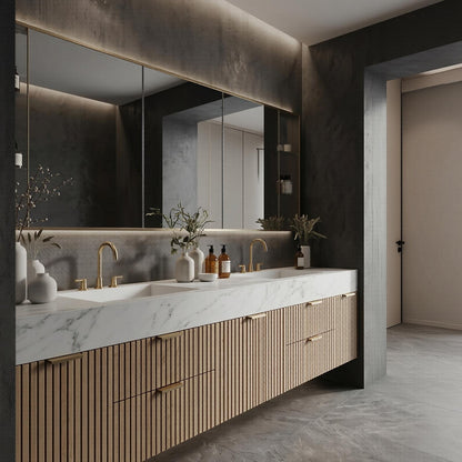 60''-96'' Double Bathroom Vanity with Sink Floating Warm Oak Slatted Finish Open Shelving