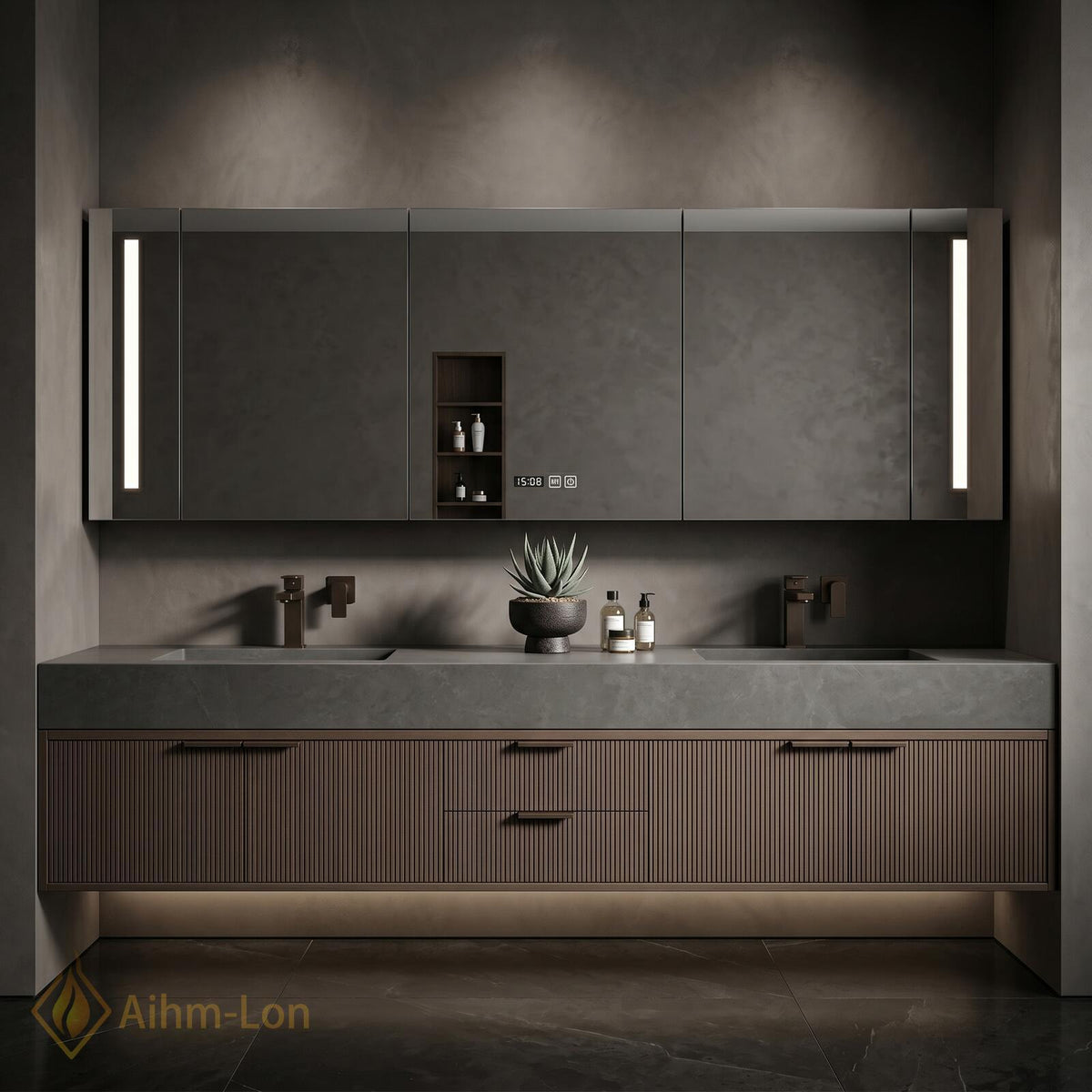 60''-96'' Double Bathroom Vanity with Sink Modern Floating Dark Walnut Slatted Panels