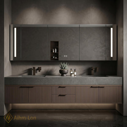 60''-96'' Double Bathroom Vanity with Sink Modern Floating Dark Walnut Slatted Panels