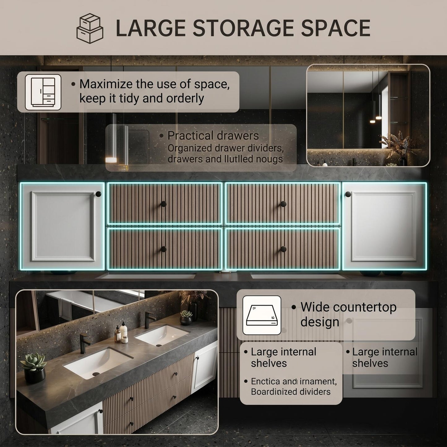 70''-96'' Modern Bathroom Vanity with Sink Double Sink Slatted Center Panel Dark Grey Stone