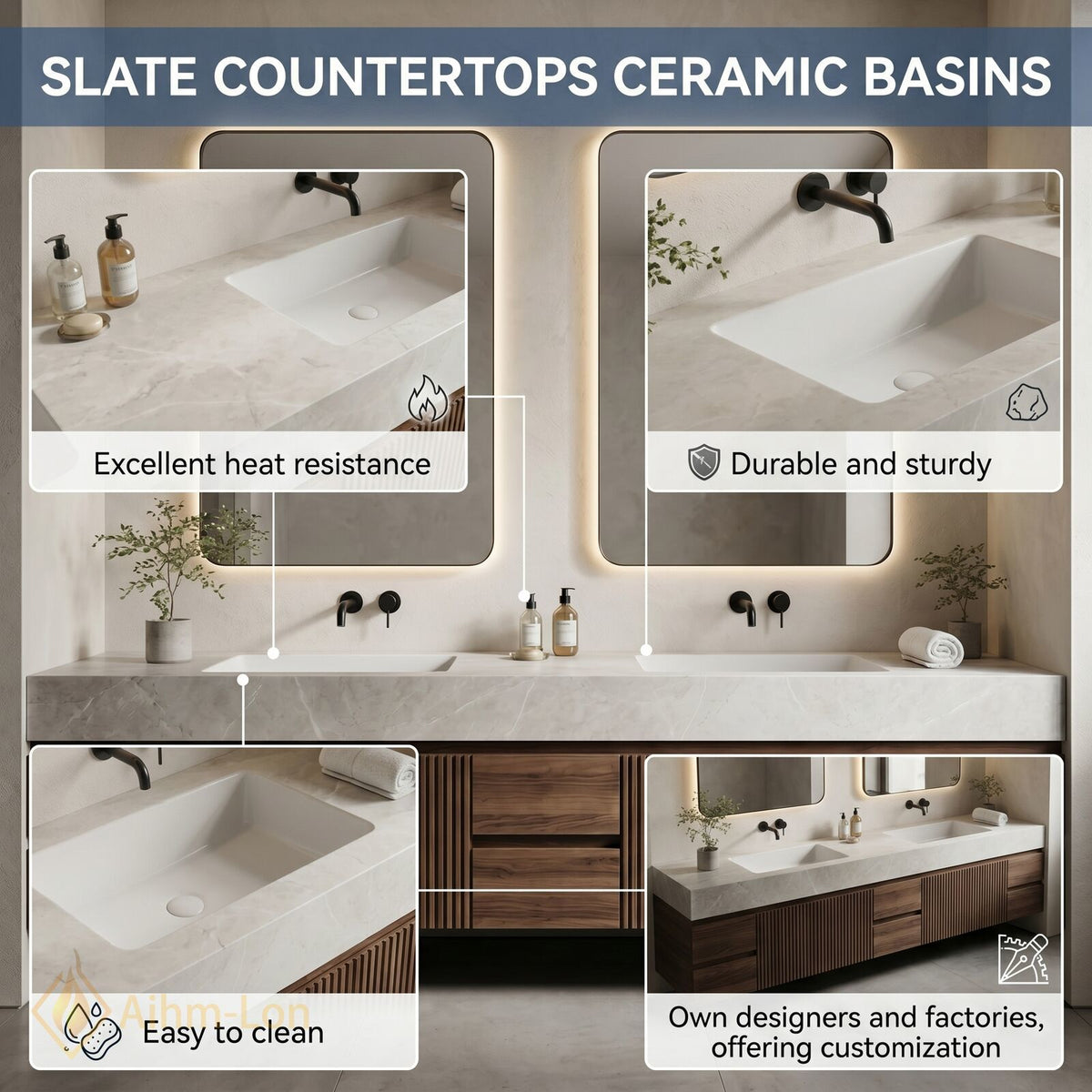 76''-96'' Double Bathroom Vanity with Sink Dark Walnut Finish Slatted Front Design