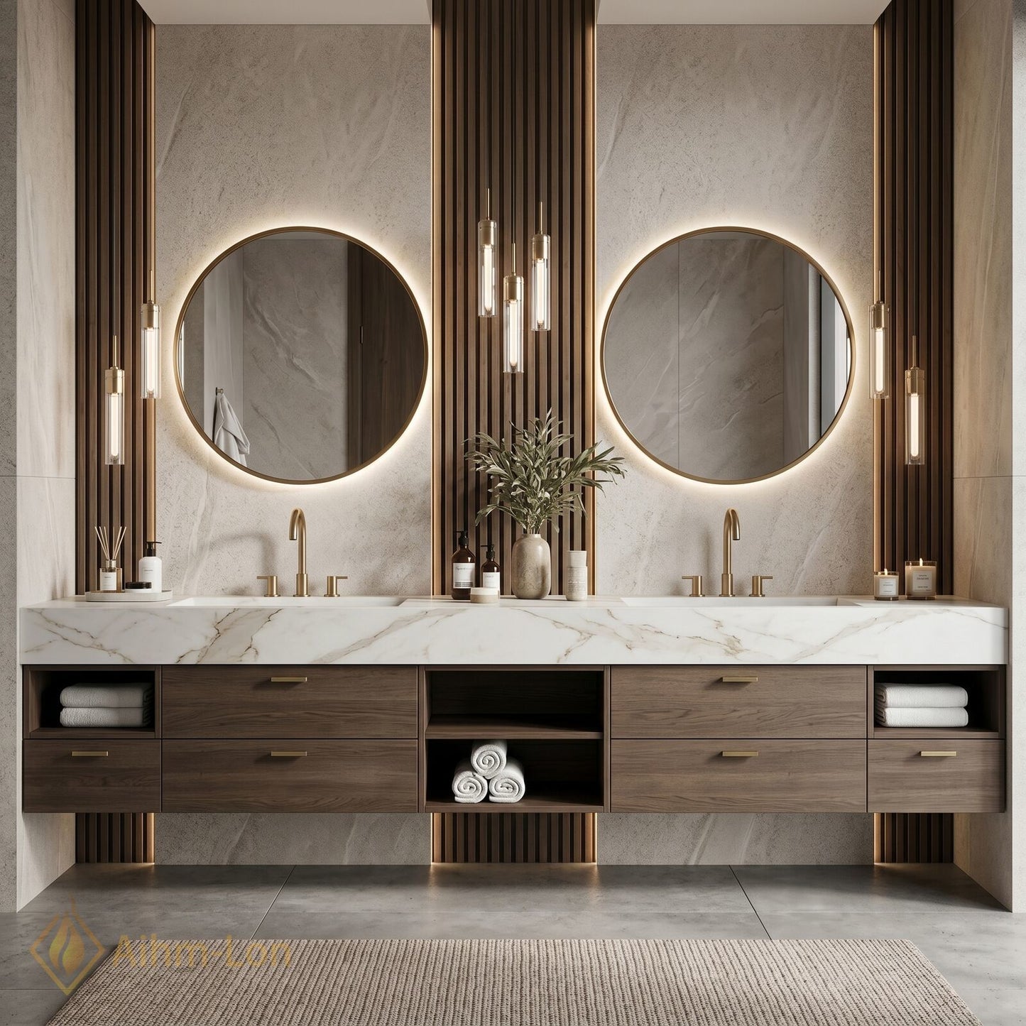 76''-96'' Double Bathroom Vanity with Sink Modern Wood-Grain Slatted Vanities Warm Vertical
