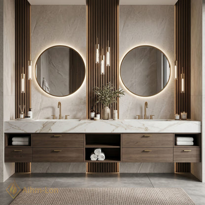 76''-96'' Double Bathroom Vanity with Sink Modern Wood-Grain Slatted Vanities Warm Vertical