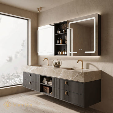 60''-96'' Double Bathroom Vanity with Sink Floating Storage Drawers Marble-Like Stone Top