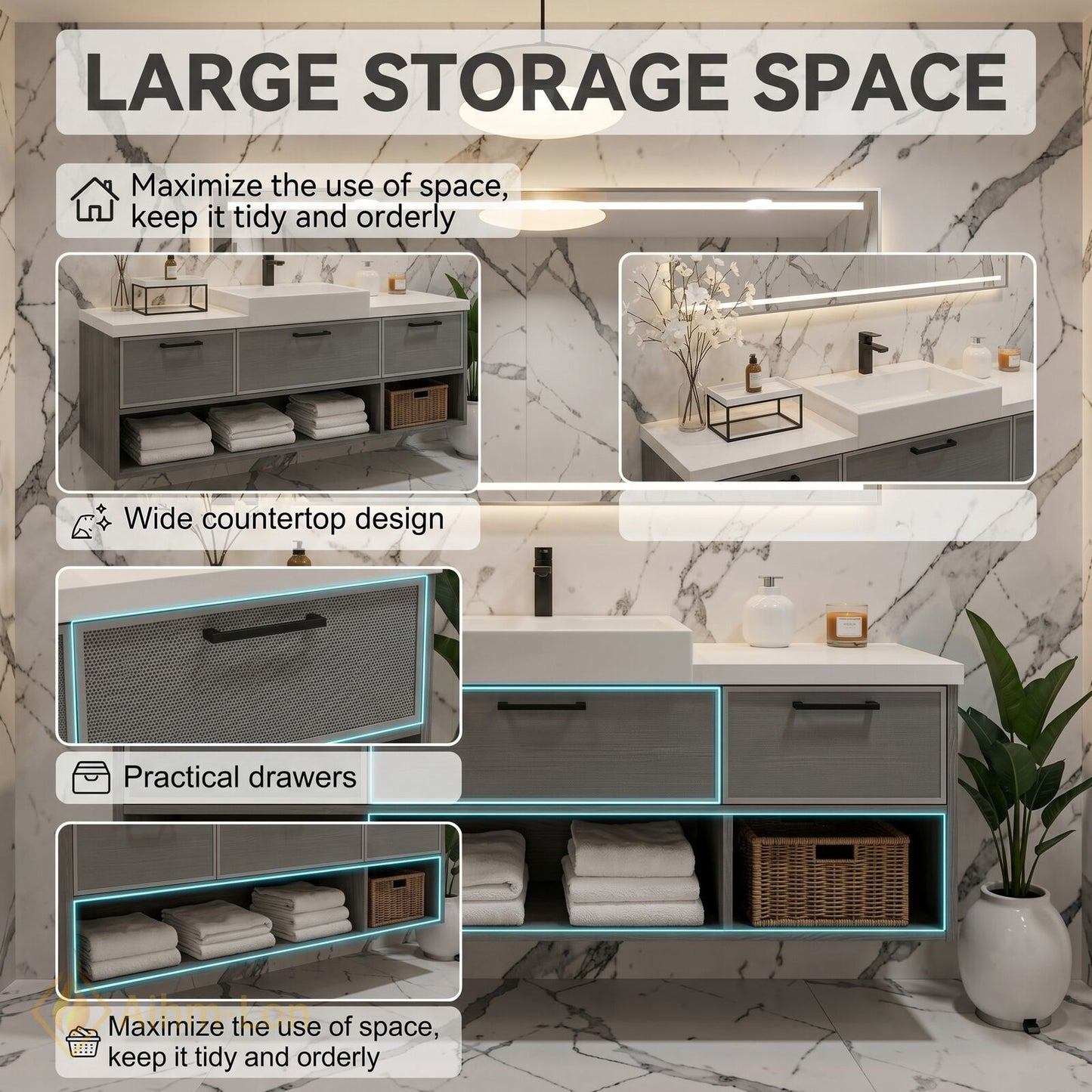 40''-64'' Floating Bathroom Vanity with Sink Grey Mesh Three Drawers Open Shelving