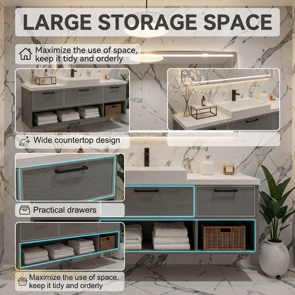 40''-64'' Floating Bathroom Vanity with Sink Grey Mesh Three Drawers Open Shelving