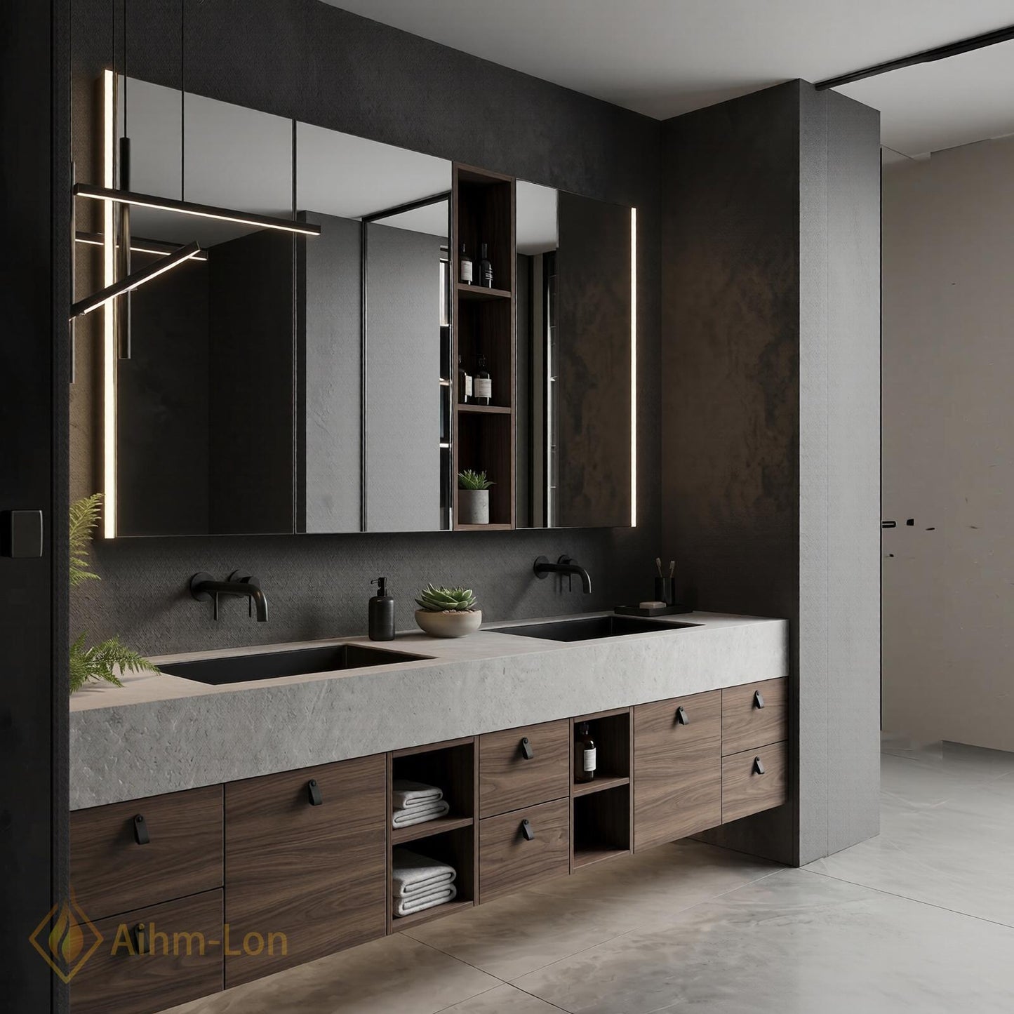 70''-96'' Double Bathroom Vanity with Sink Modern Floating Grey Stone Top Shelving