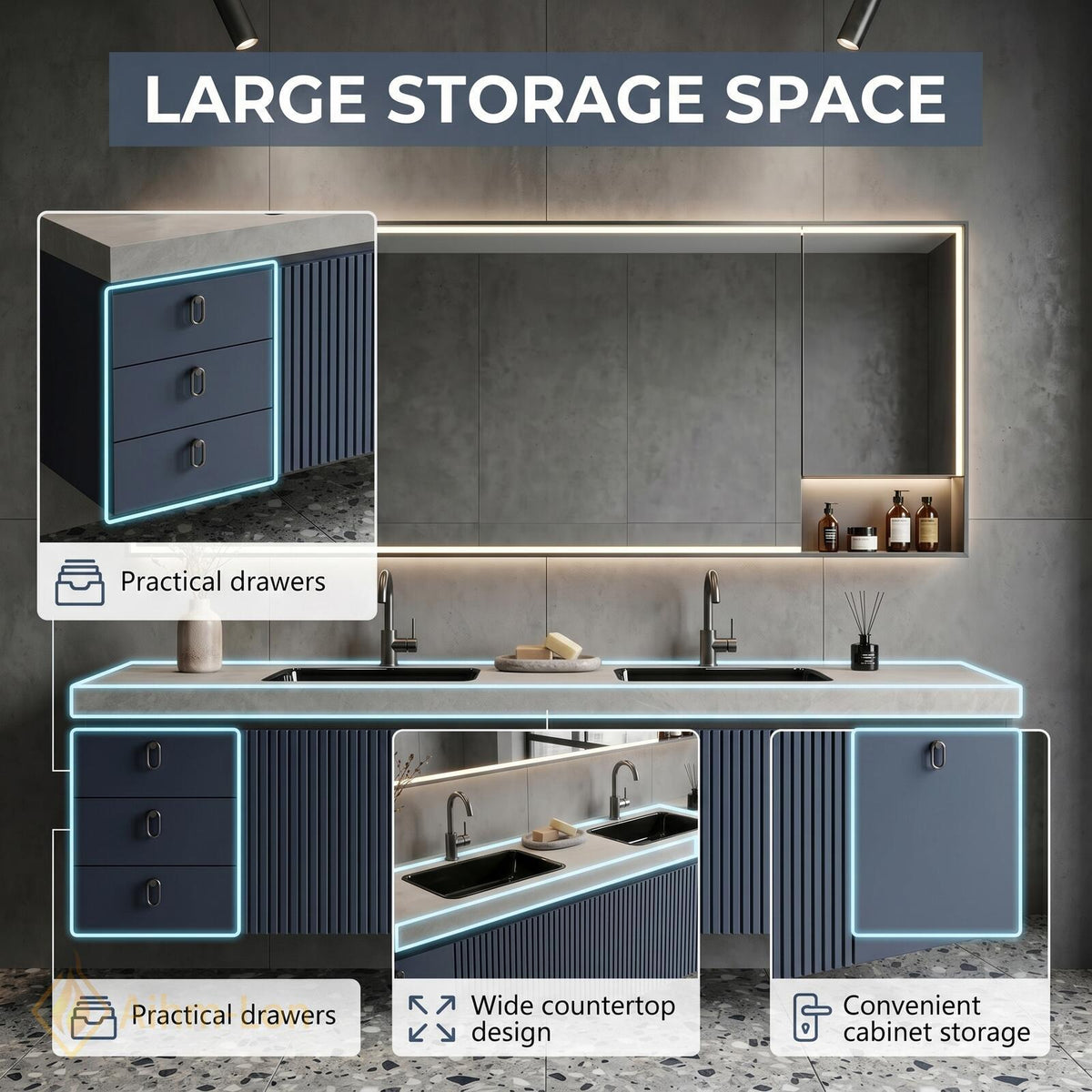 60''-96'' Double Bathroom Vanity with Sink Sleek Wall Mounted Ribbed Blue Finish