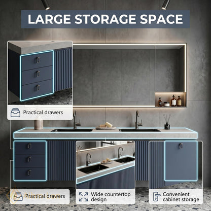 60''-96'' Double Bathroom Vanity with Sink Sleek Wall Mounted Ribbed Blue Finish