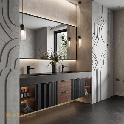 60''-96'' Double Bathroom Vanity with Sink Dark Black Modern Floating Stone-Top
