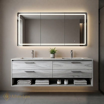 60''-96'' Double Bathroom Vanity with Sink Marble-Like Wood Grain Recessed Basins Mirror