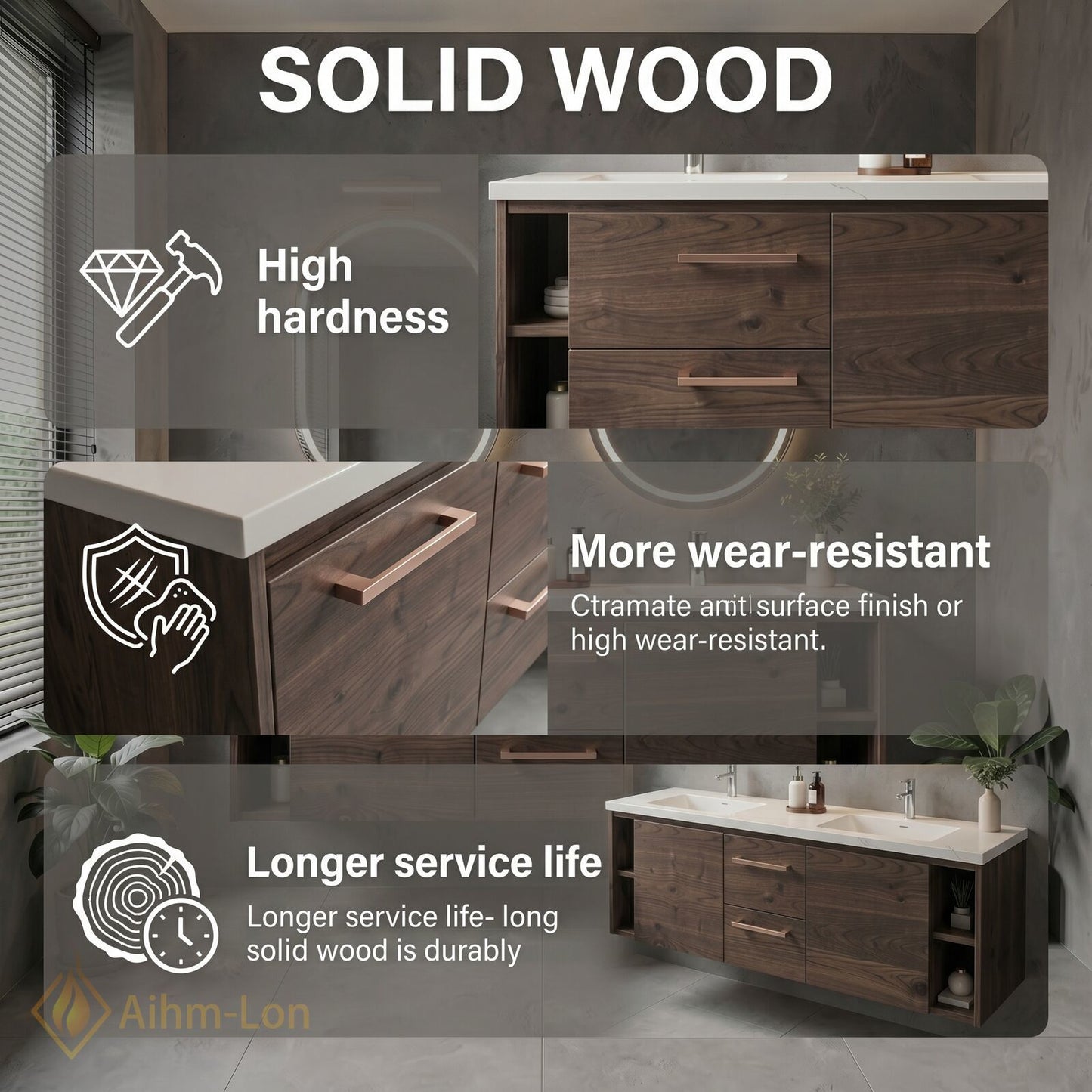 60''-96'' Modern Bathroom Vanity with Sink Floating Warm Woodgrain LED Oval Mirrors