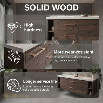 60''-96'' Modern Bathroom Vanity with Sink Floating Warm Woodgrain LED Oval Mirrors