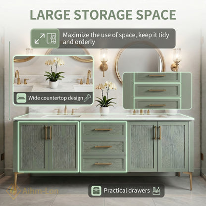 72''-96'' Modern Bathroom Vanity with Sink Sage Green Textured Marble Gold Drawers